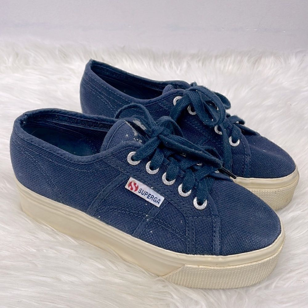 Superga | platform blue sneakers 5.0 canvas,laced up front closures.
